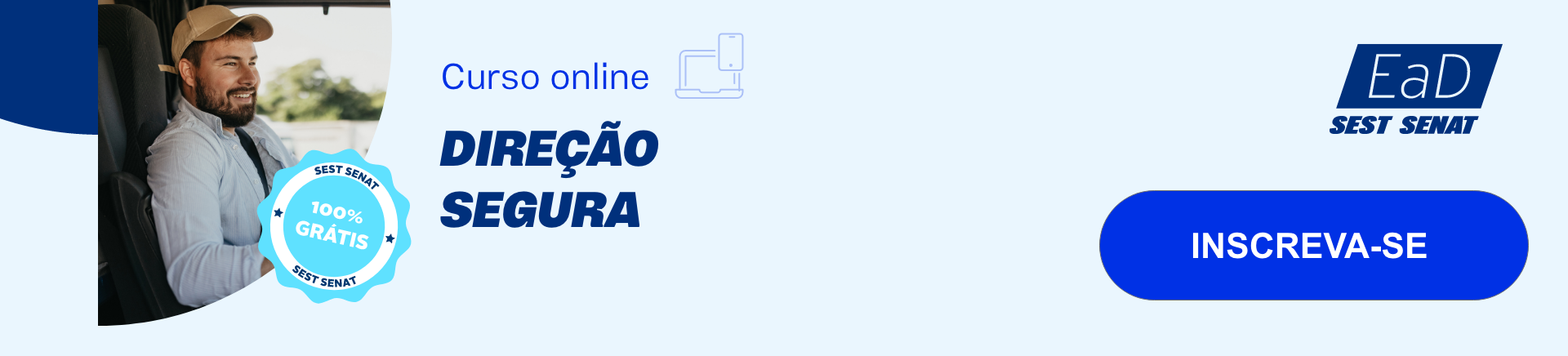 Banner do curso online e gratuito de direção segura que, ao clicar, direciona para a página do curso na EaD SEST SENAT.