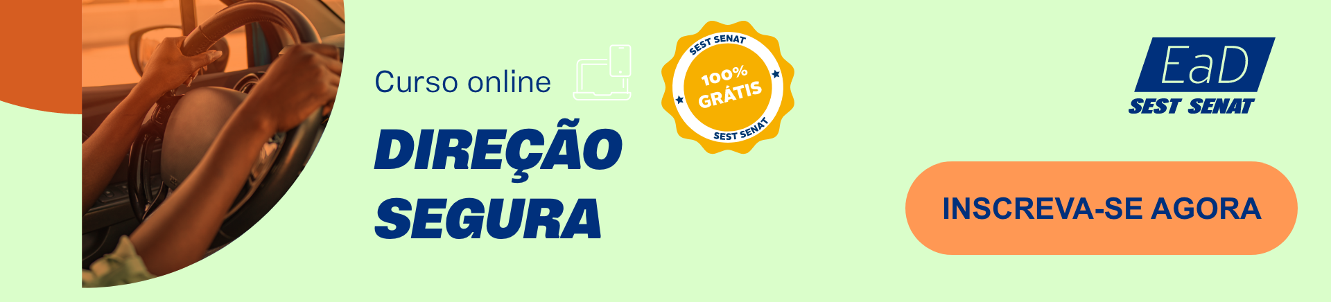 banner de divulgação do curso online direção segura, com imagem de uma pessoa negra segurando o volante de um carro com as duas mãos