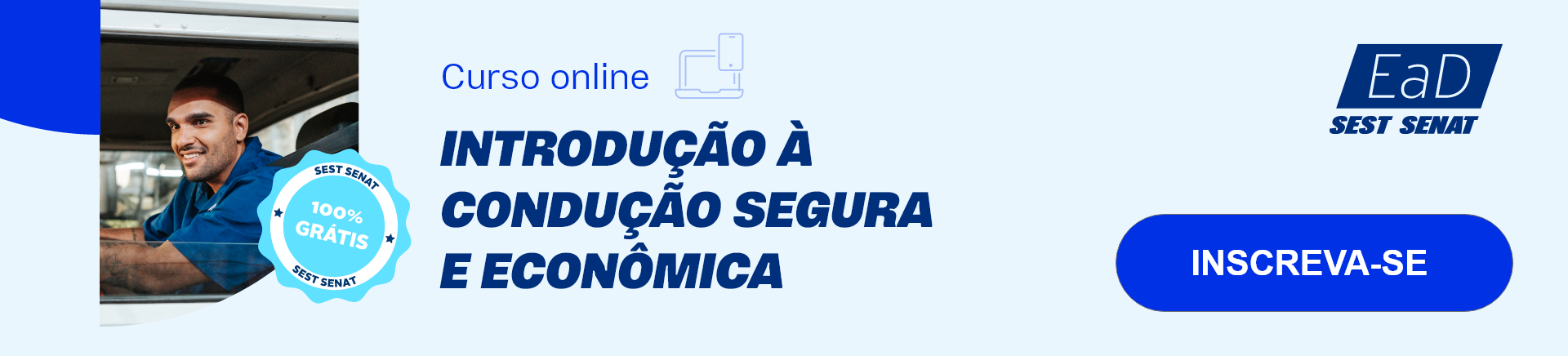 Homem vestindo camisa polo azul dentro de um caminhão branco