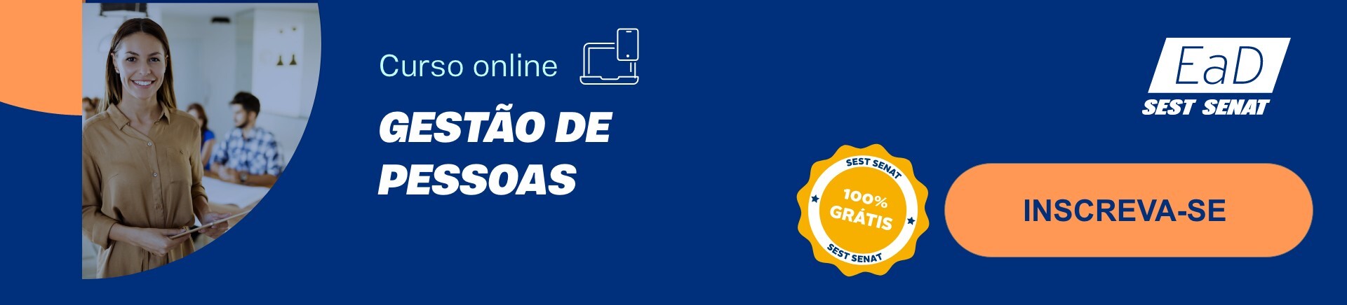 Banner do curso online e gratuito de gestão de pessoas que, ao clicar, direciona para a página do curso na EaD SEST SENAT